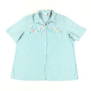 VTG Koret Francisca Embroidered Button Down Top L Light Blue Plaid